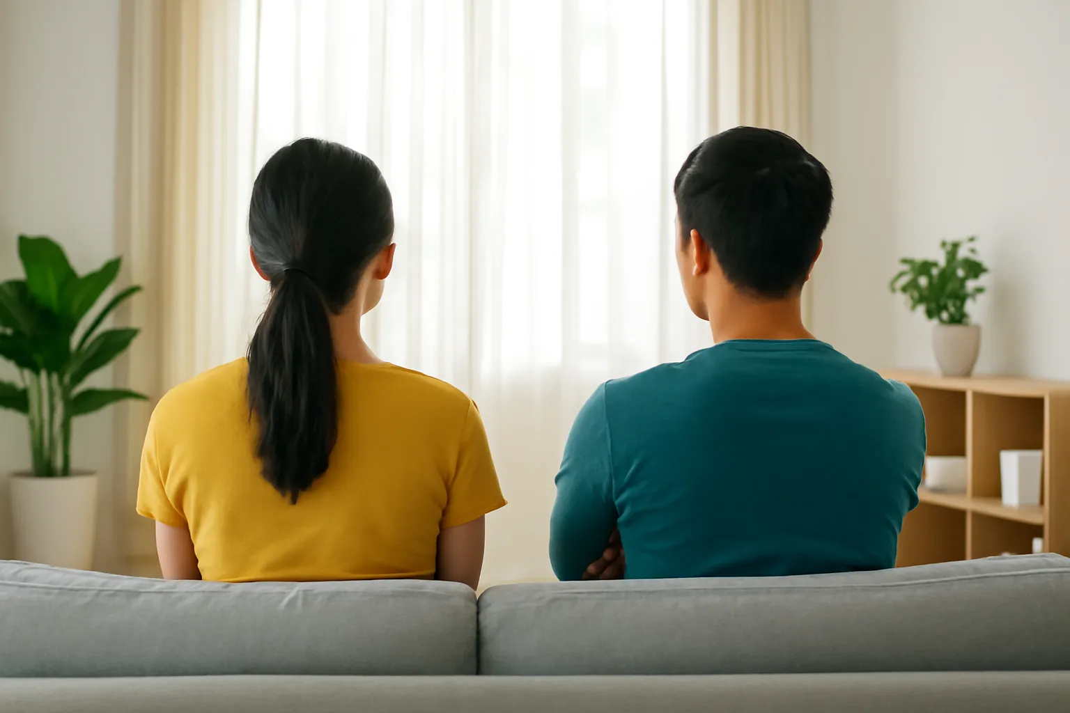 Hai người ngồi sofa phòng khách nhìn từ phía sau, một người khoanh tay