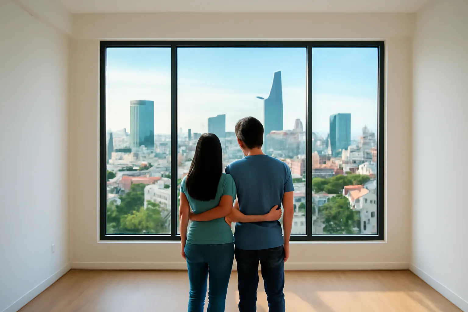 Cặp vợ chồng đứng trong căn hộ mới trống nhìn qua cửa kính ra thành phố