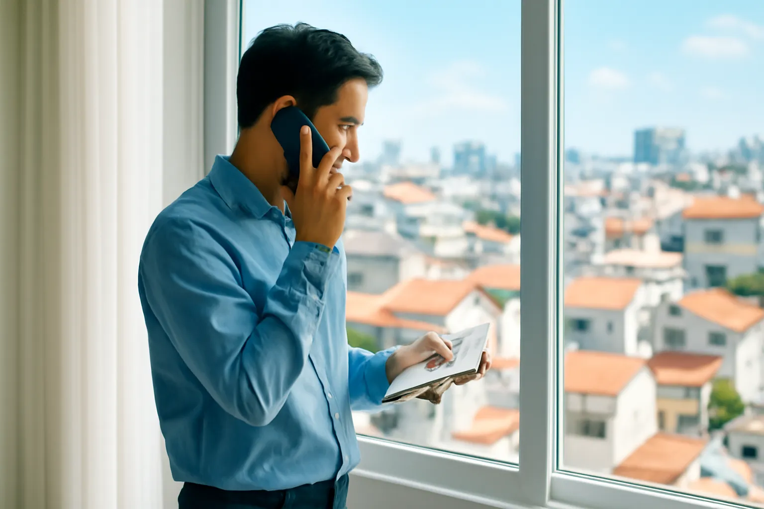 Người đàn ông đứng cạnh cửa sổ căn hộ gọi điện thoại, tay cầm sổ tay