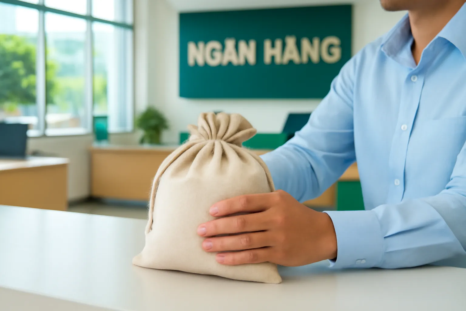 Tay người đặt túi vải lên quầy giao dịch ngân hàng sáng sủa