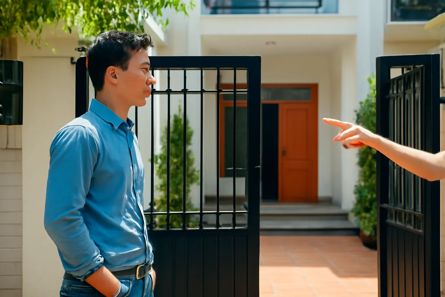 Người đàn ông đứng ngoài cổng sắt nhà phố, người khác chỉ tay vào trong