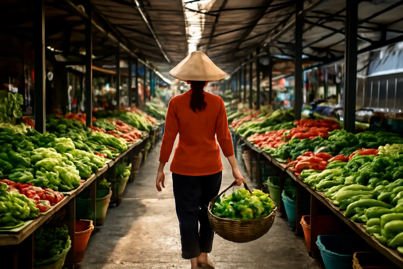 Người phụ nữ xách giỏ rau đi giữa lối chợ truyền thống buổi sáng