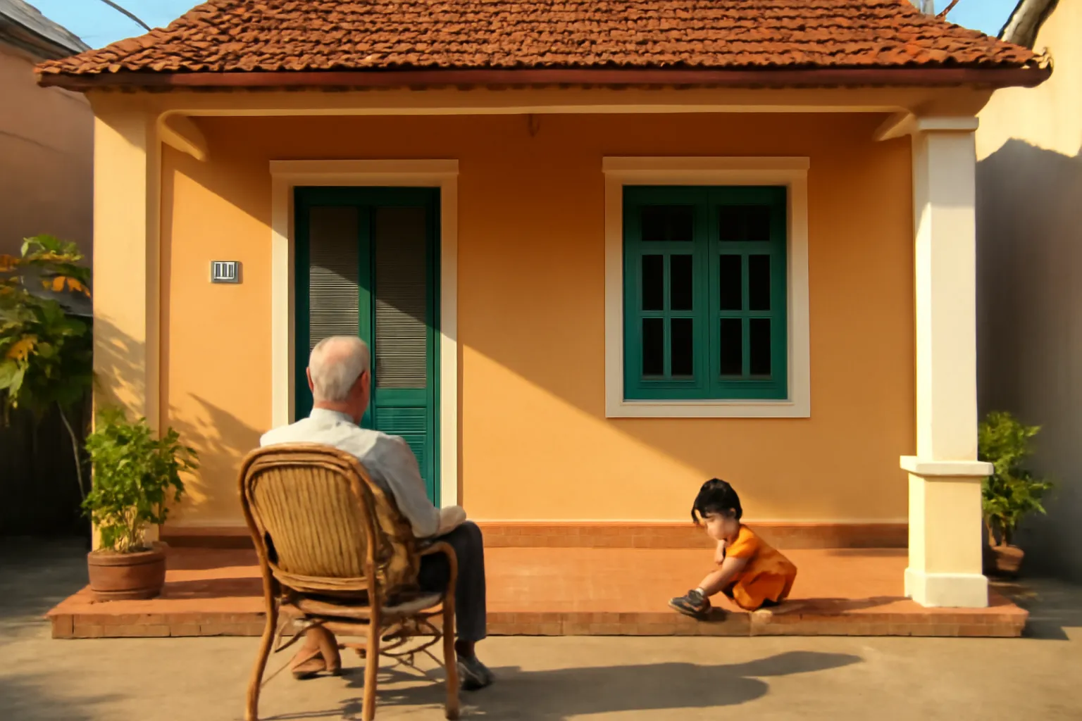 Ông cụ ngồi ghế mây ở hiên nhà trệt, cháu nhỏ chơi gần đó