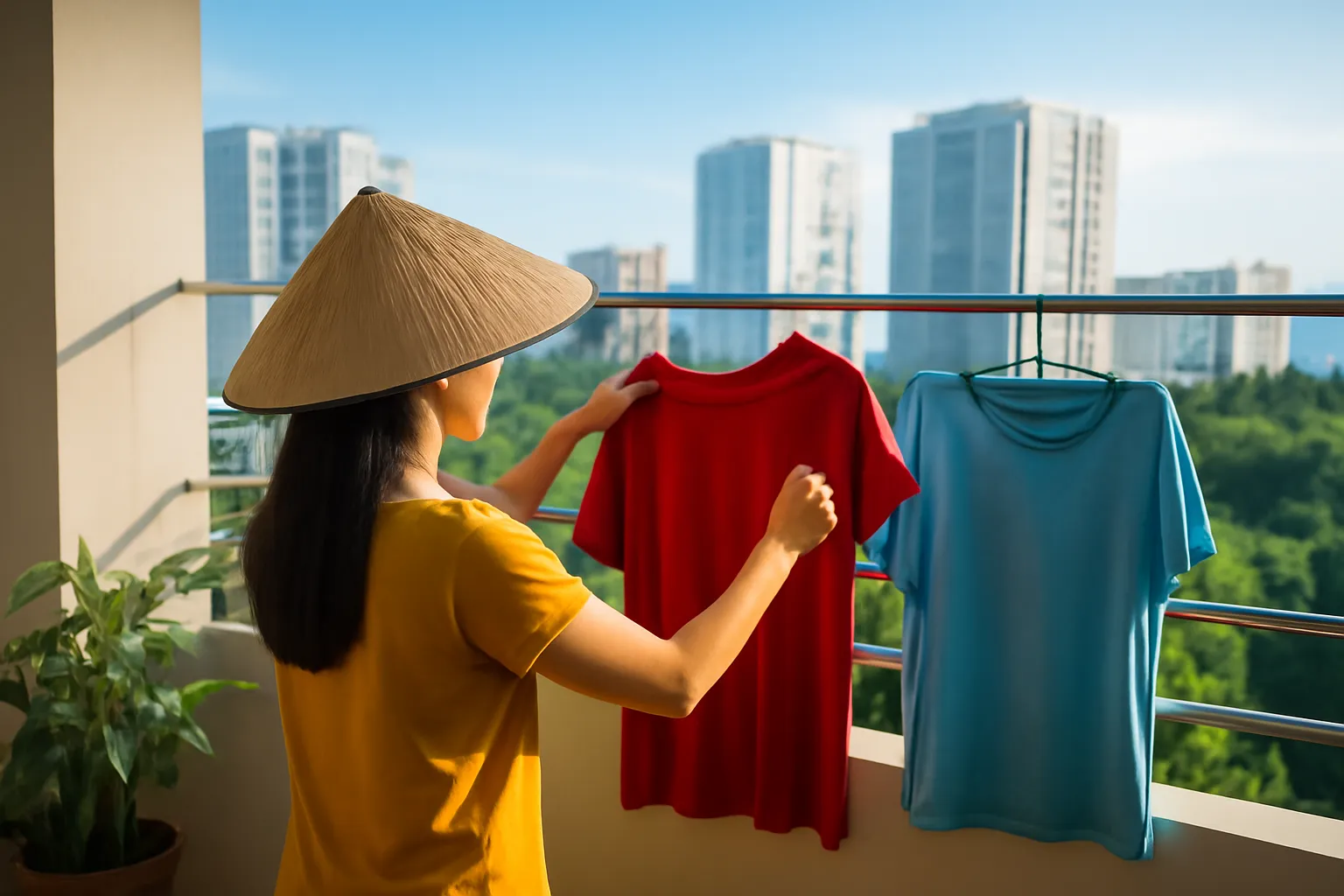 Người phụ nữ đứng ban công phơi đồ, phía xa là các tòa nhà