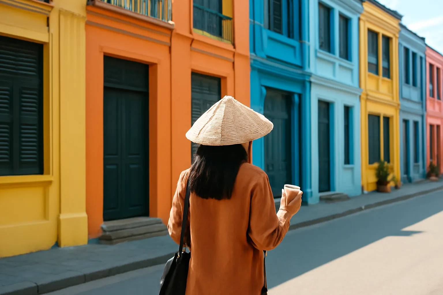 Người phụ nữ cầm ly cà phê đi bộ dọc dãy nhà phố buổi sáng