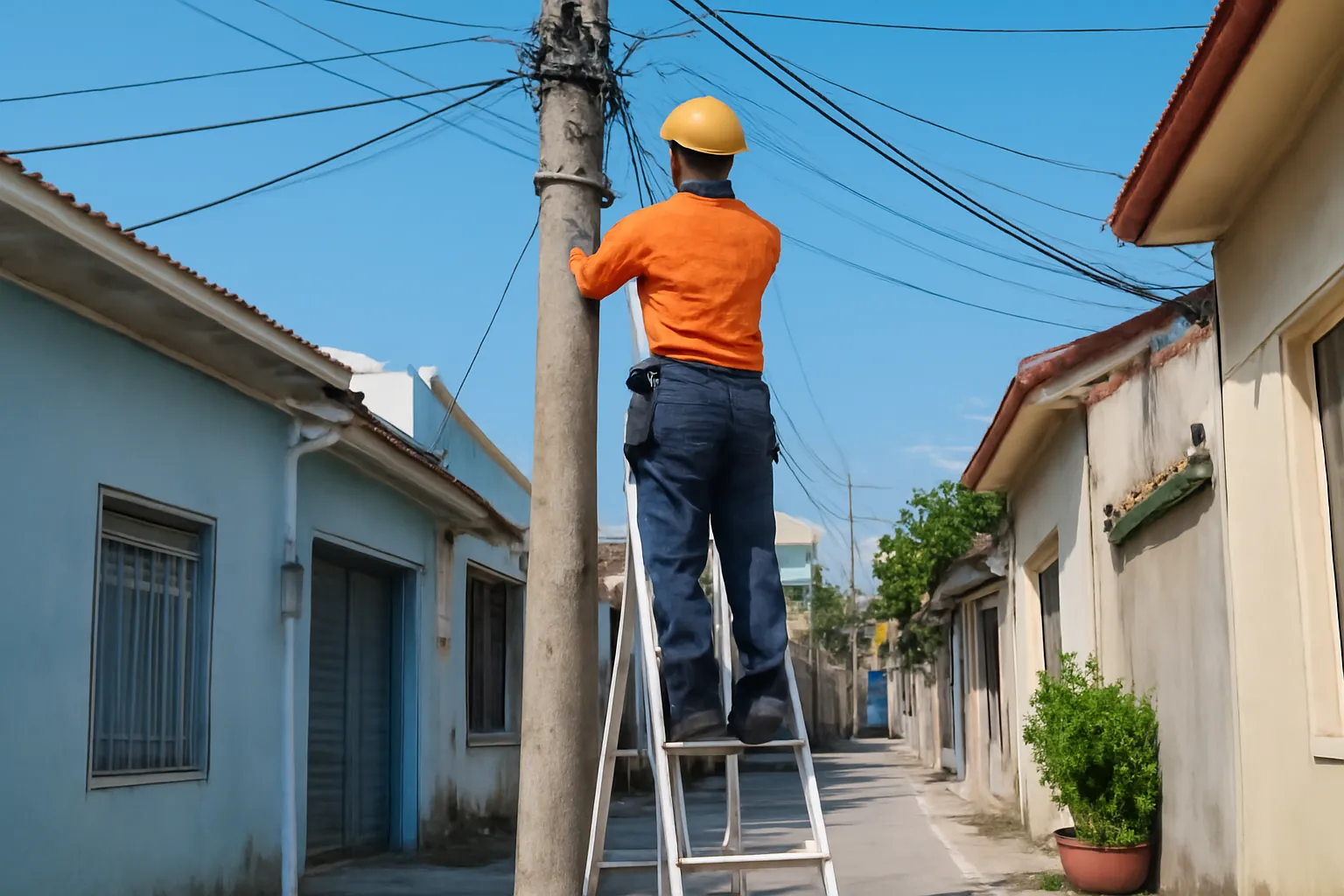 Thợ điện đứng trên thang nhôm cạnh cột điện đầu hẻm dưới trời xanh