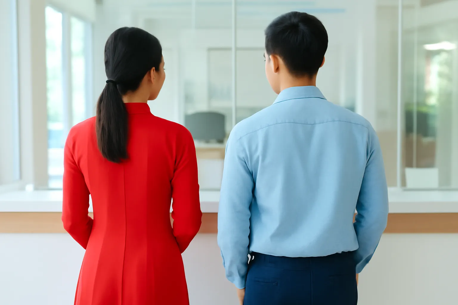Cặp vợ chồng nhìn từ sau đứng trước quầy giao dịch sáng sủa