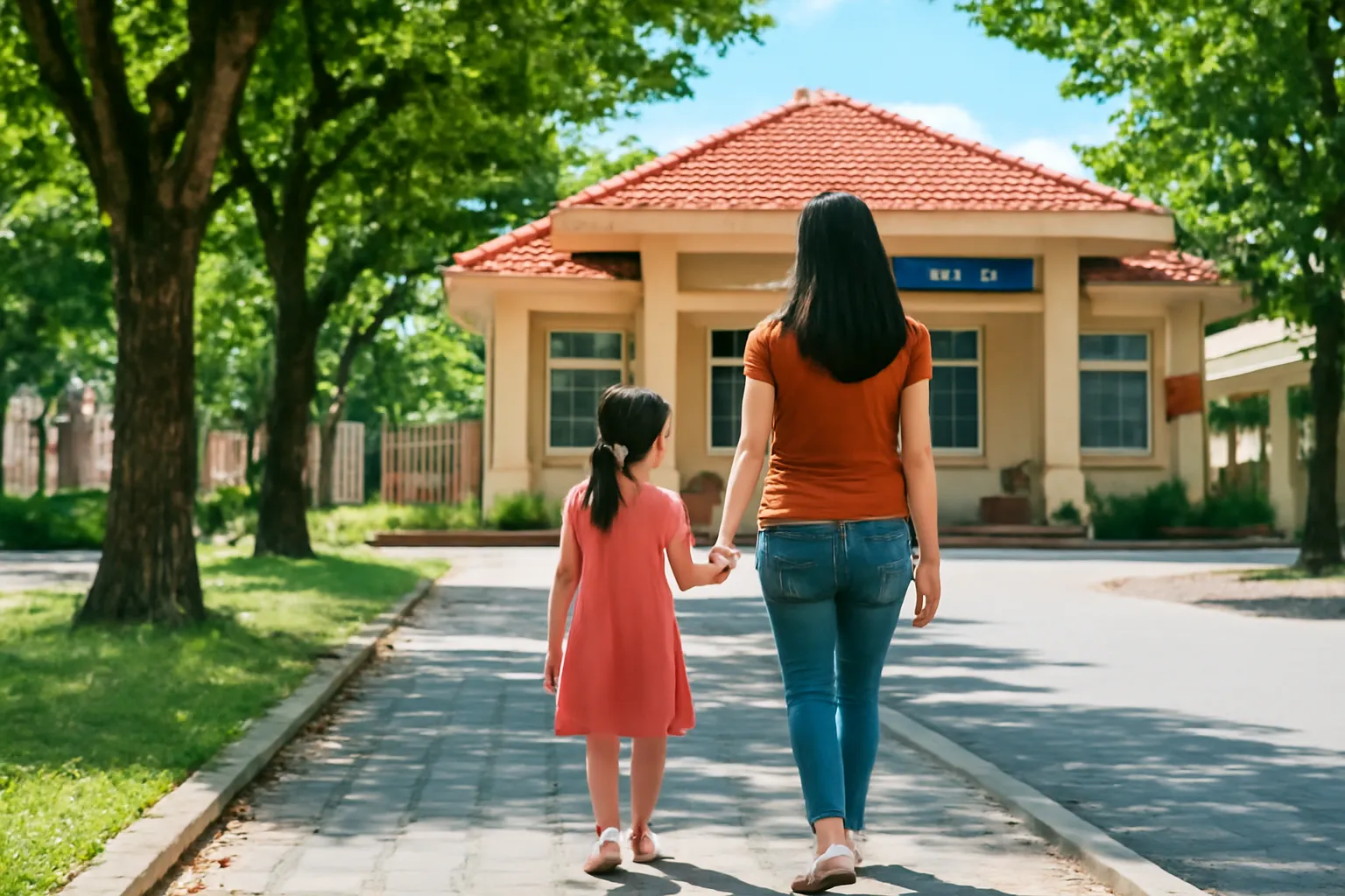 Mẹ và con gái đi bộ trên vỉa hè rợp cây tới toà nhà hành chính mái ngói