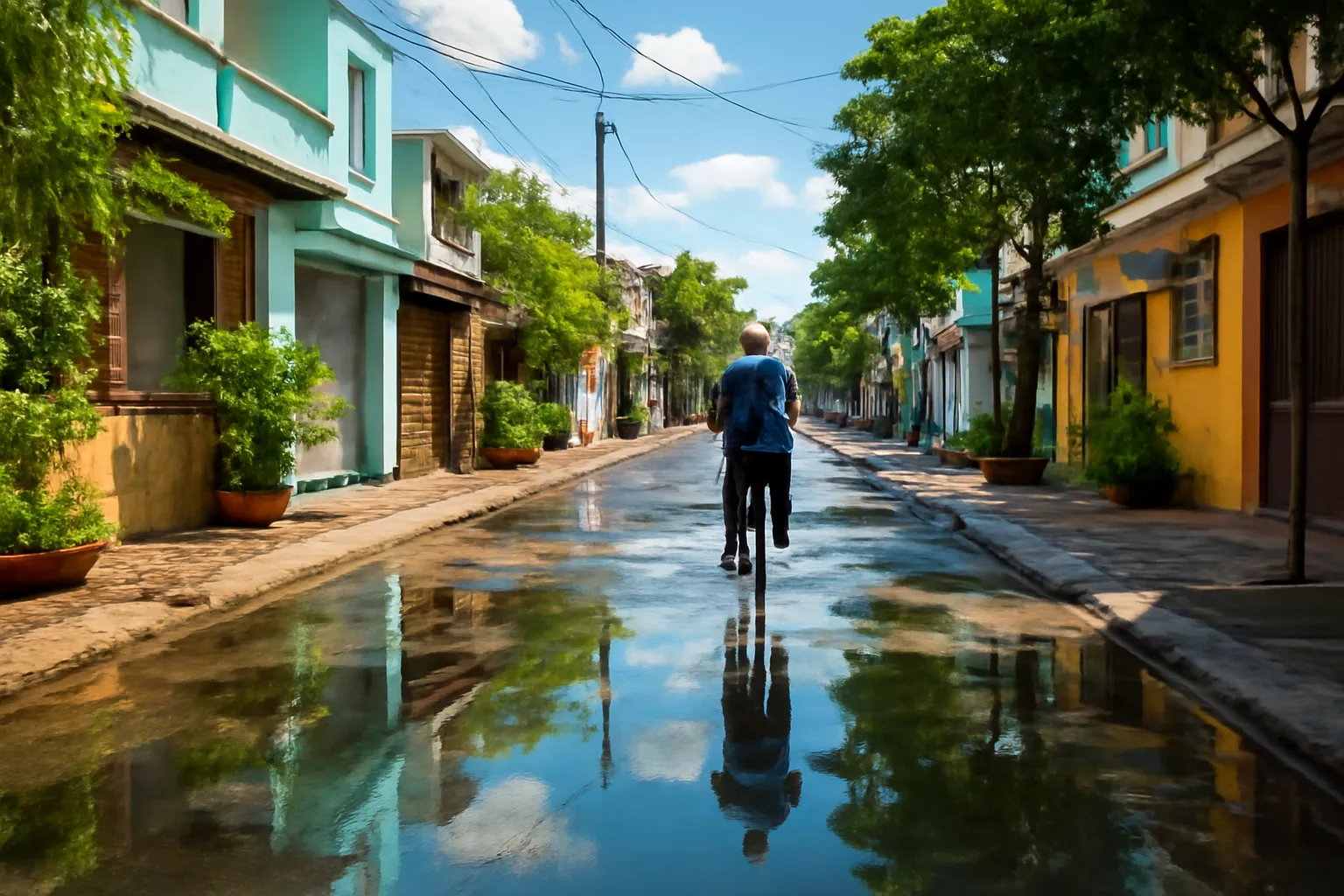 Đường khu dân cư vừa tạnh mưa còn vệt nước, người đạp xe từ xa