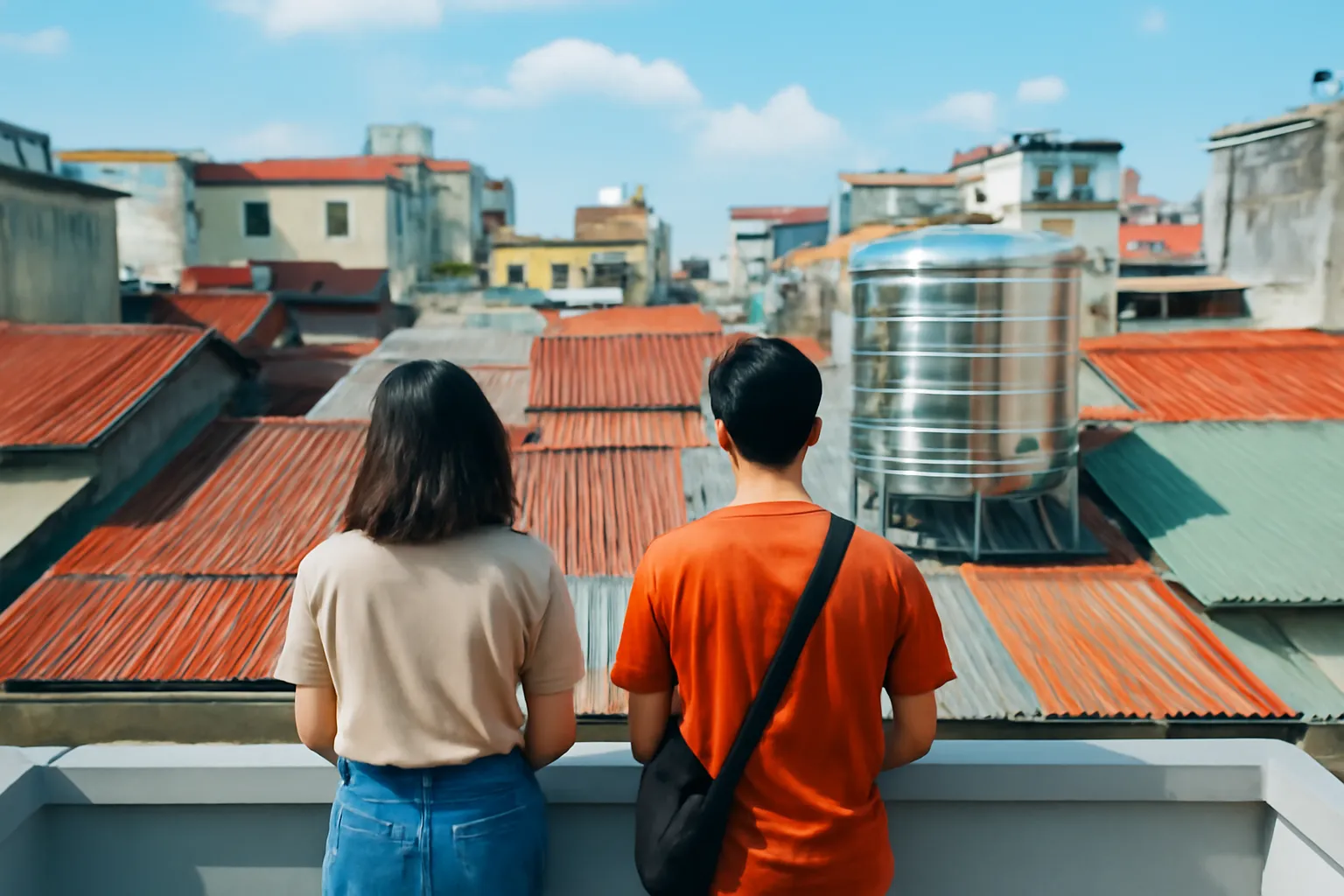 Hai người đứng trên sân thượng nhà phố cũ nhìn xuống mái tôn và bồn nước
