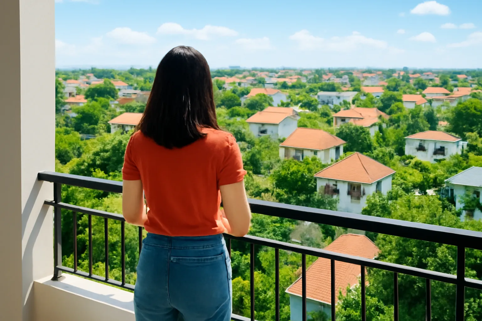 Người phụ nữ đứng ở ban công căn hộ tầng cao nhìn ra khu dân cư nhiều cây