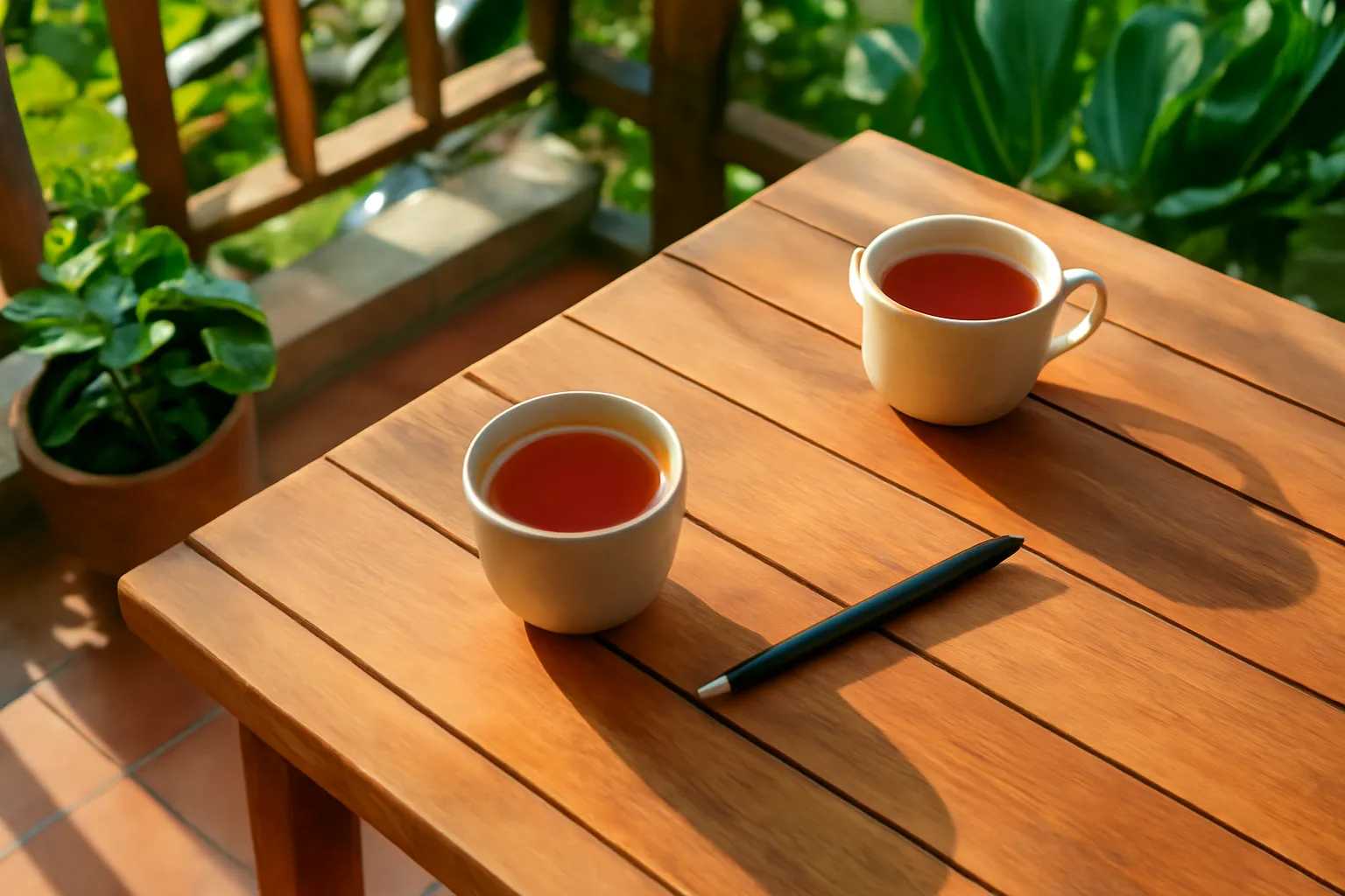 Bàn gỗ ở hiên nhà với hai tách trà và cây bút, nắng sớm