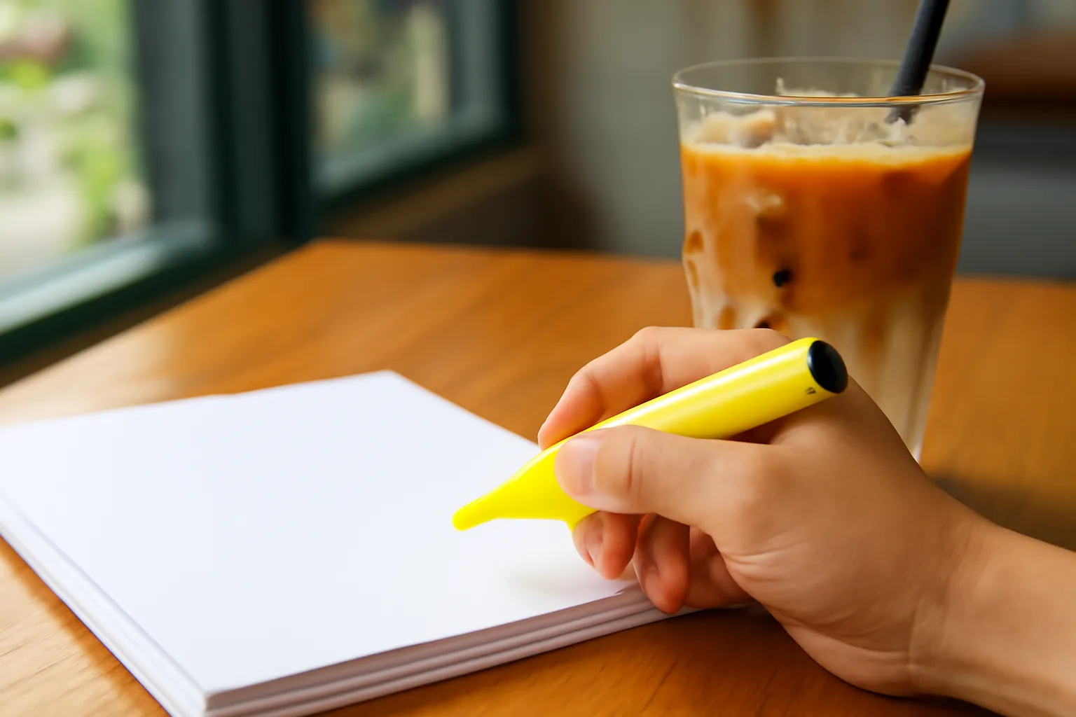 Bàn tay cầm bút đánh dấu lên xấp giấy trắng cạnh ly cà phê sữa đá