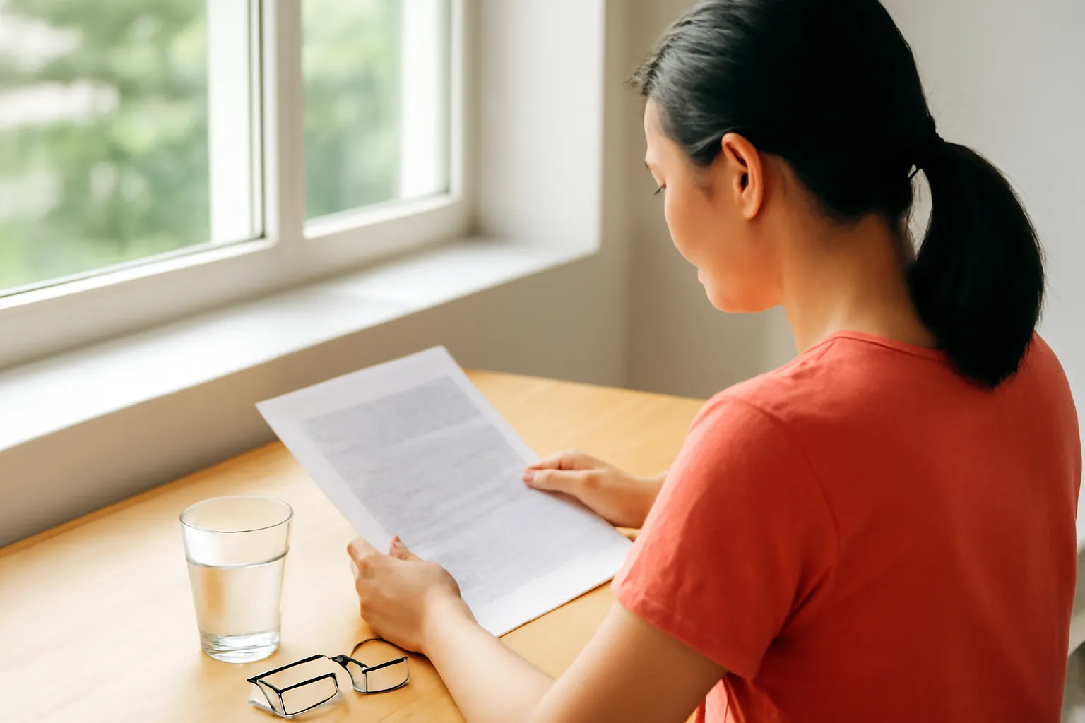 Người đọc ngồi bàn gỗ cạnh cửa sổ, kính đọc sách đặt trên xấp giấy úp
