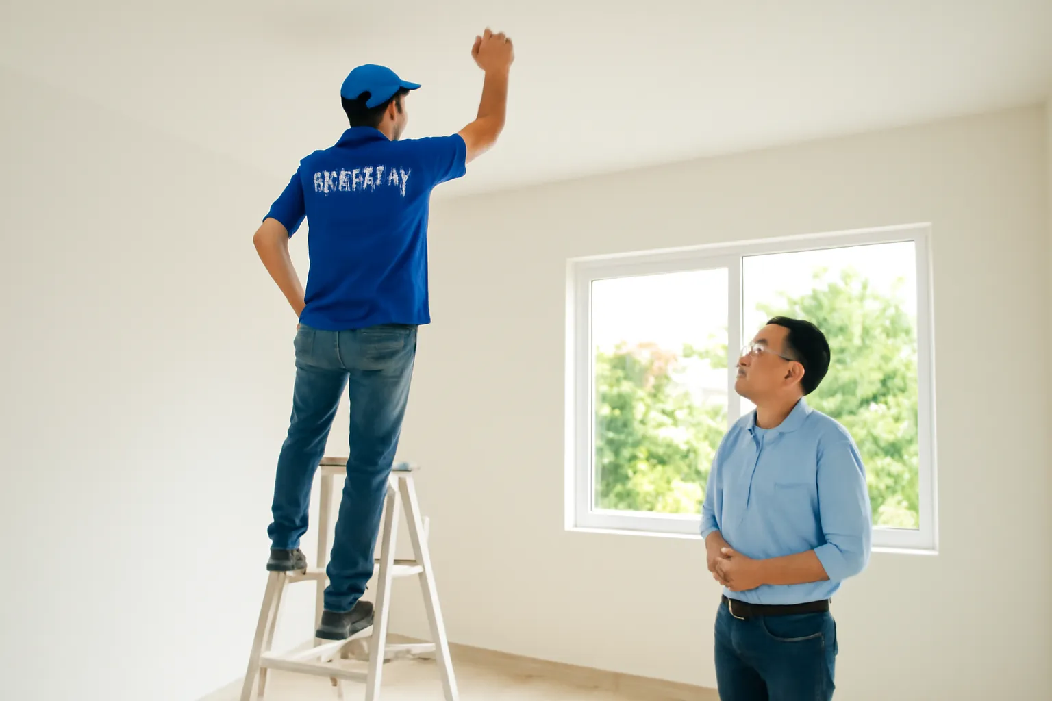Thợ đứng trên thang nhôm gõ thử trần nhà, người mua đứng dưới nhìn lên
