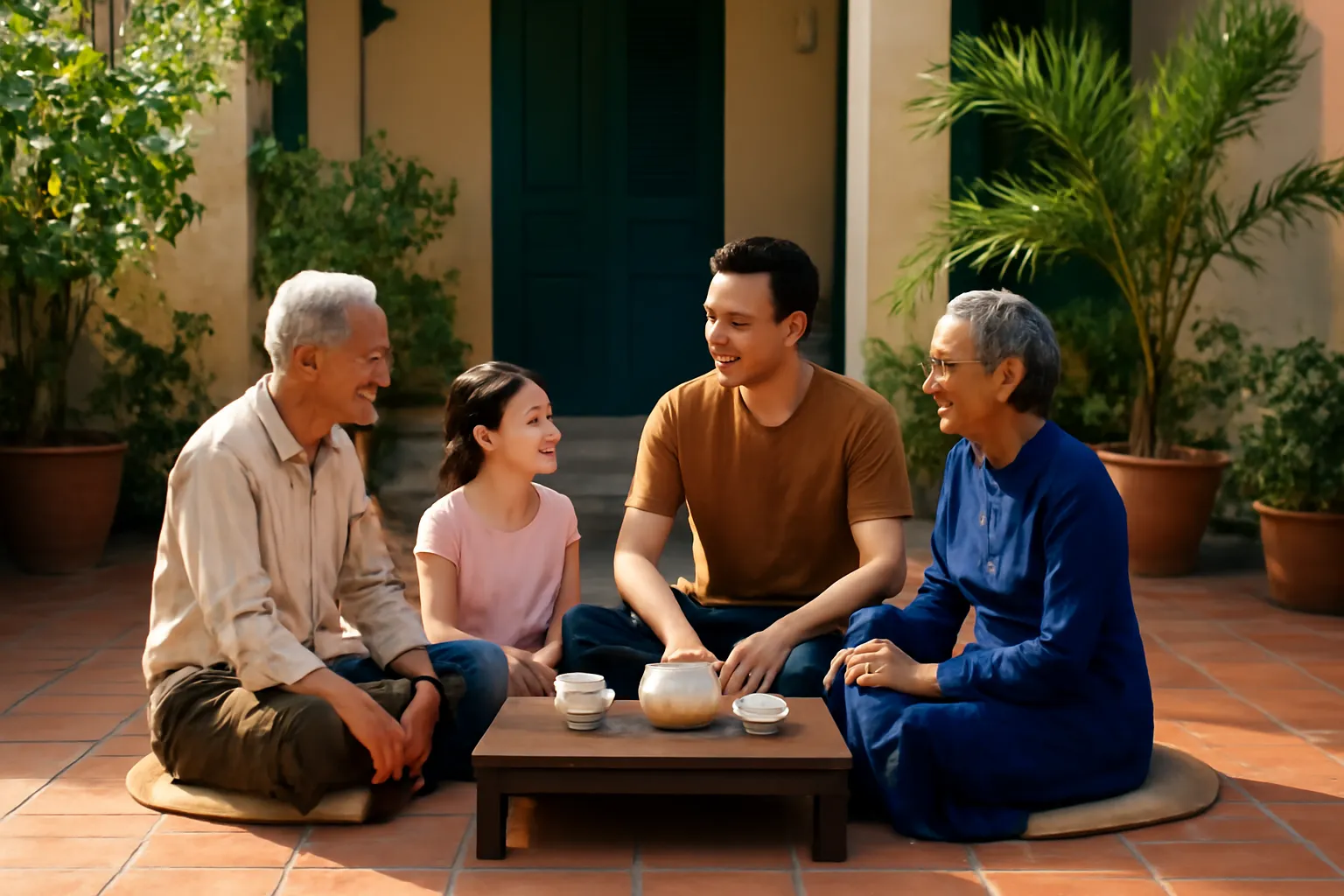 Ba thế hệ trong gia đình ngồi quanh bàn trà ở sân nhà buổi chiều