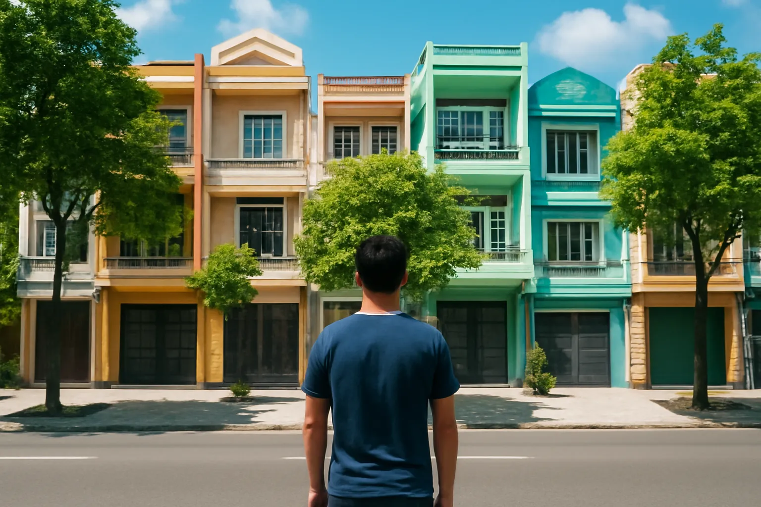 Người đàn ông đứng trên vỉa hè nhìn dãy nhà phố có mặt tiền lệch nhau