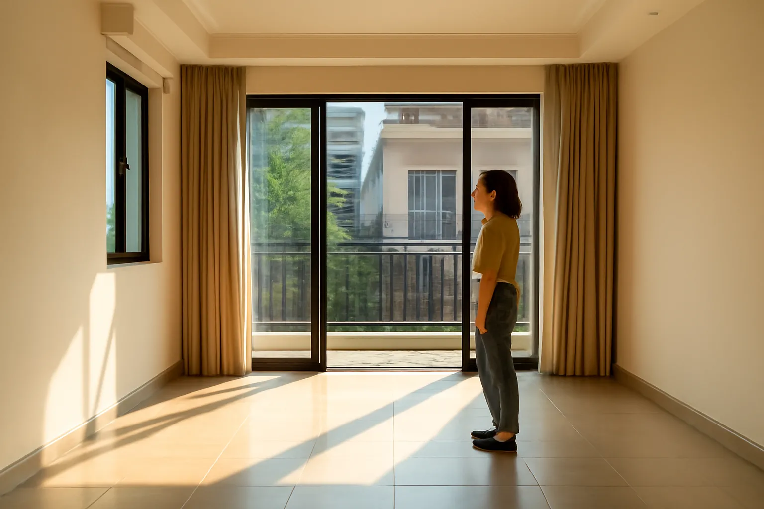 Nắng chiều xiên vào phòng khách trống qua cửa kính, người đứng bên cửa sổ