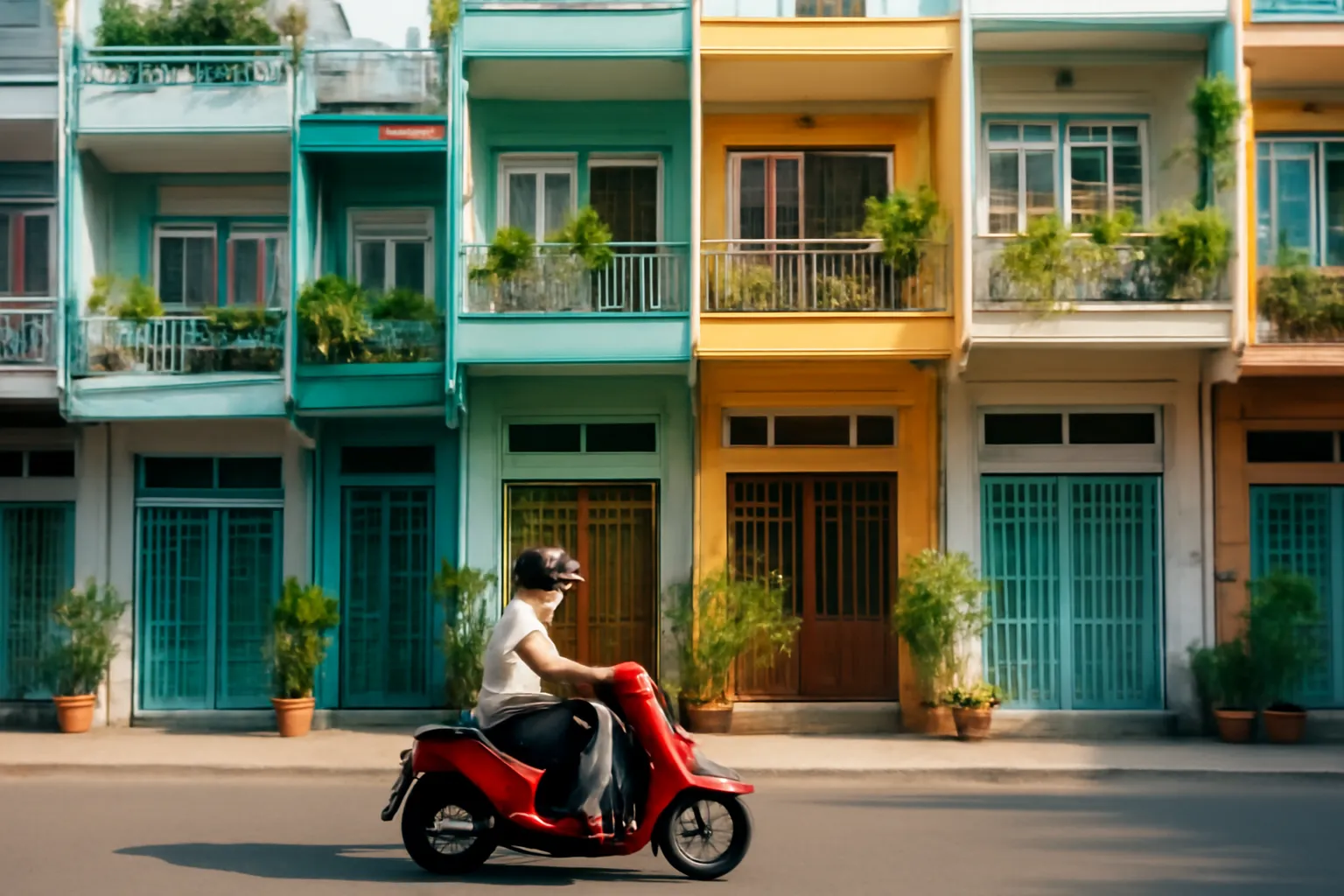 Người đi xe máy chậm qua dãy nhà ống trên phố buổi sáng