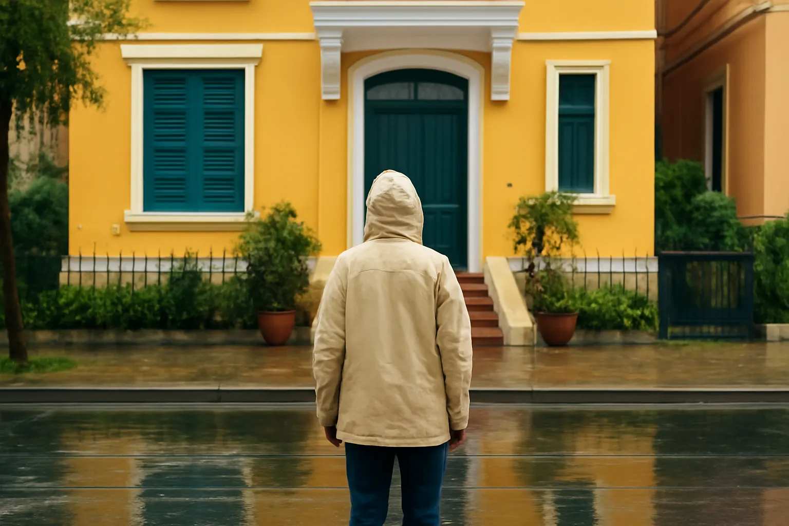 Người mặc áo mưa đứng trước bậc tam cấp nhà phố, mặt đường còn đọng nước