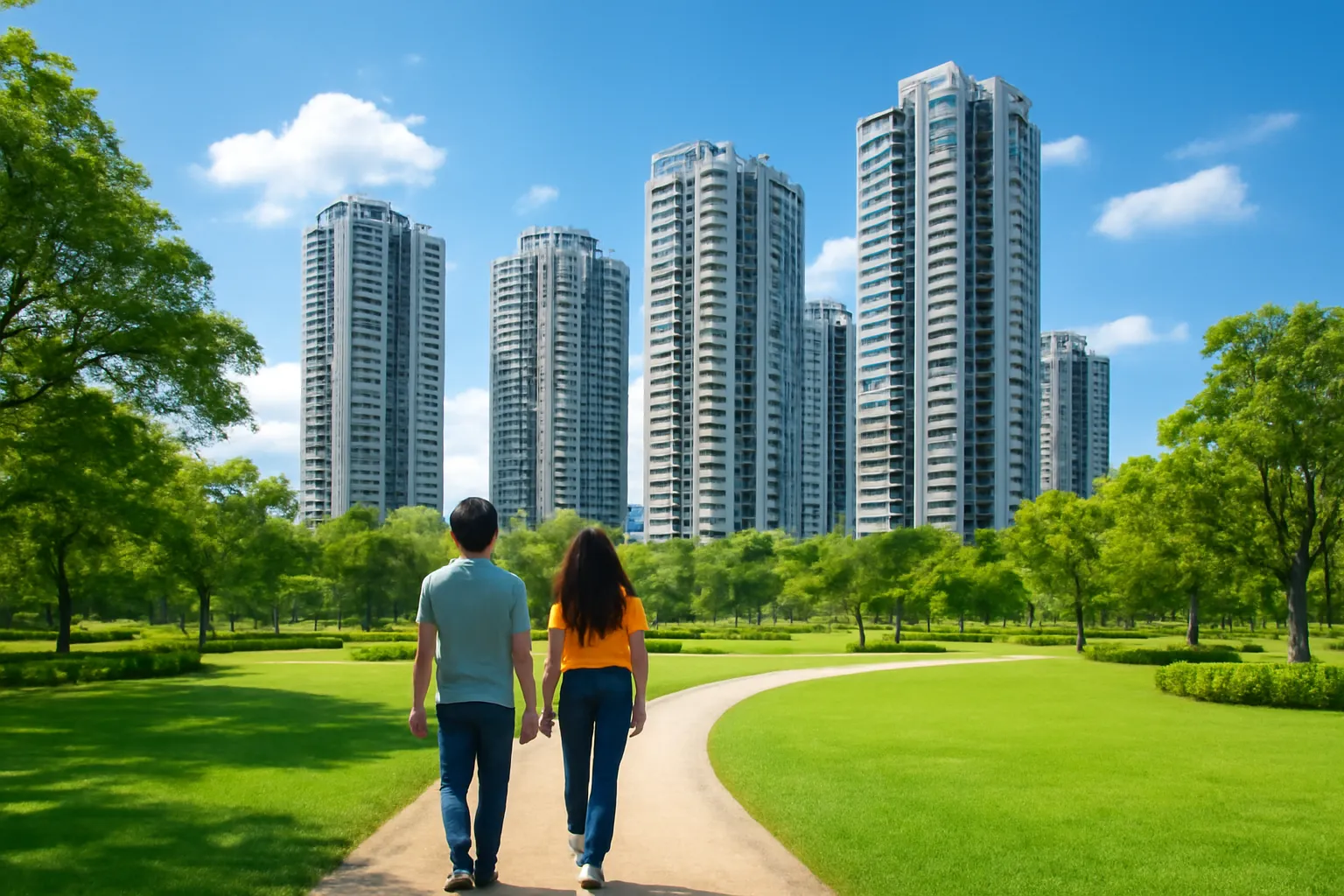 Cụm tòa chung cư mới nhìn từ công viên, cặp đôi đi bộ phía trước