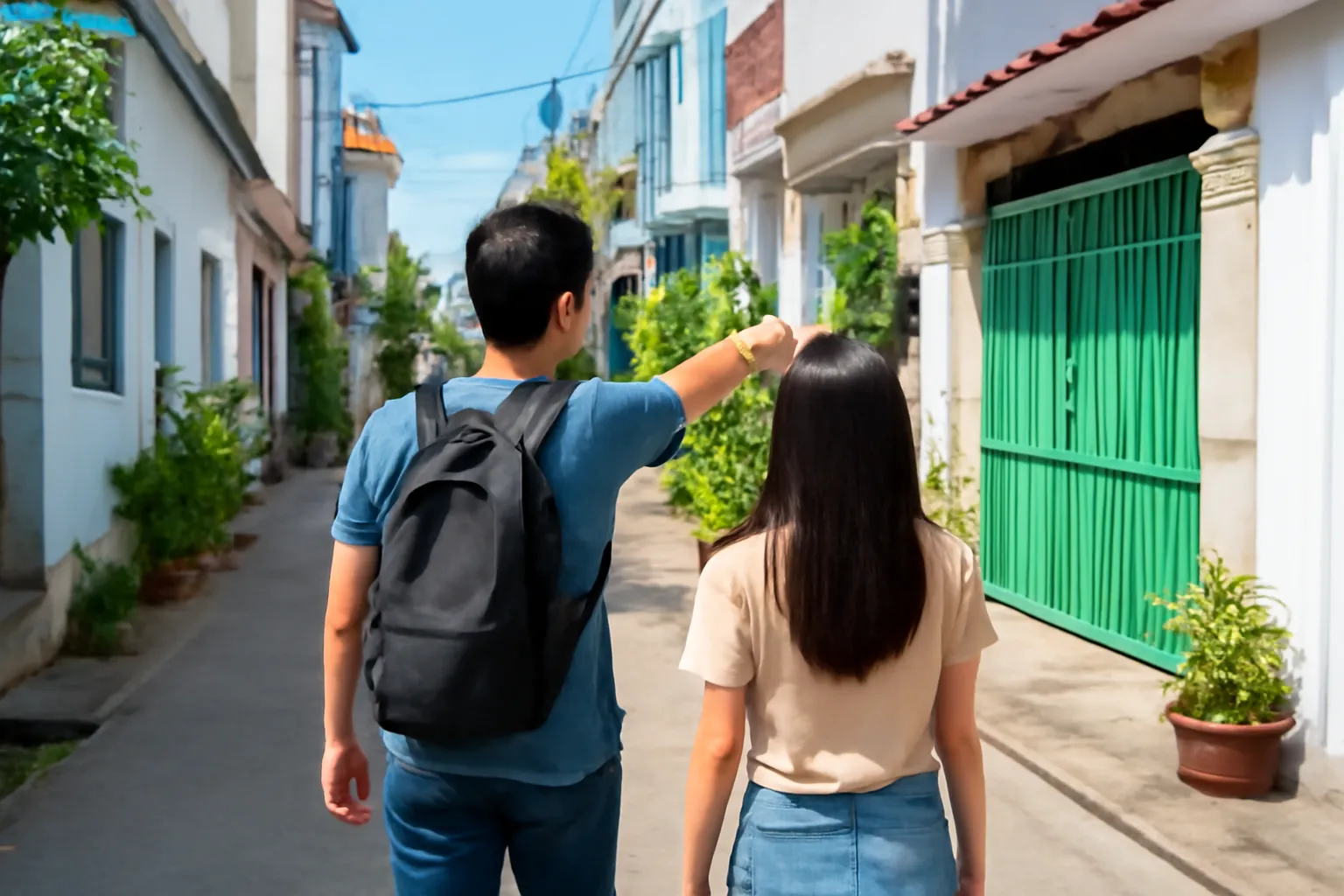 Hai người đi bộ trong hẻm nhà phố, một người chỉ tay về căn nhà