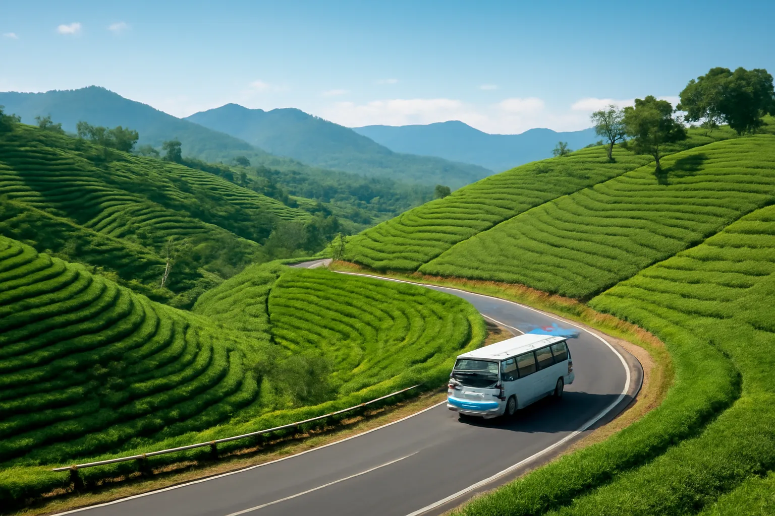 Xe khách chạy trên đường đèo vòng qua những đồi chè xanh buổi sáng