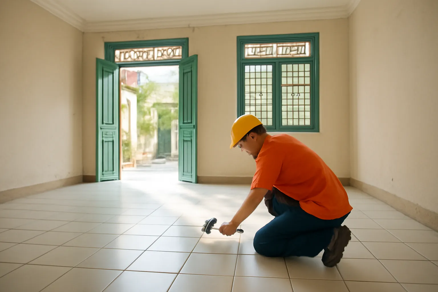 Người thợ gõ búa cao su lên nền gạch phòng khách trống của nhà phố cũ