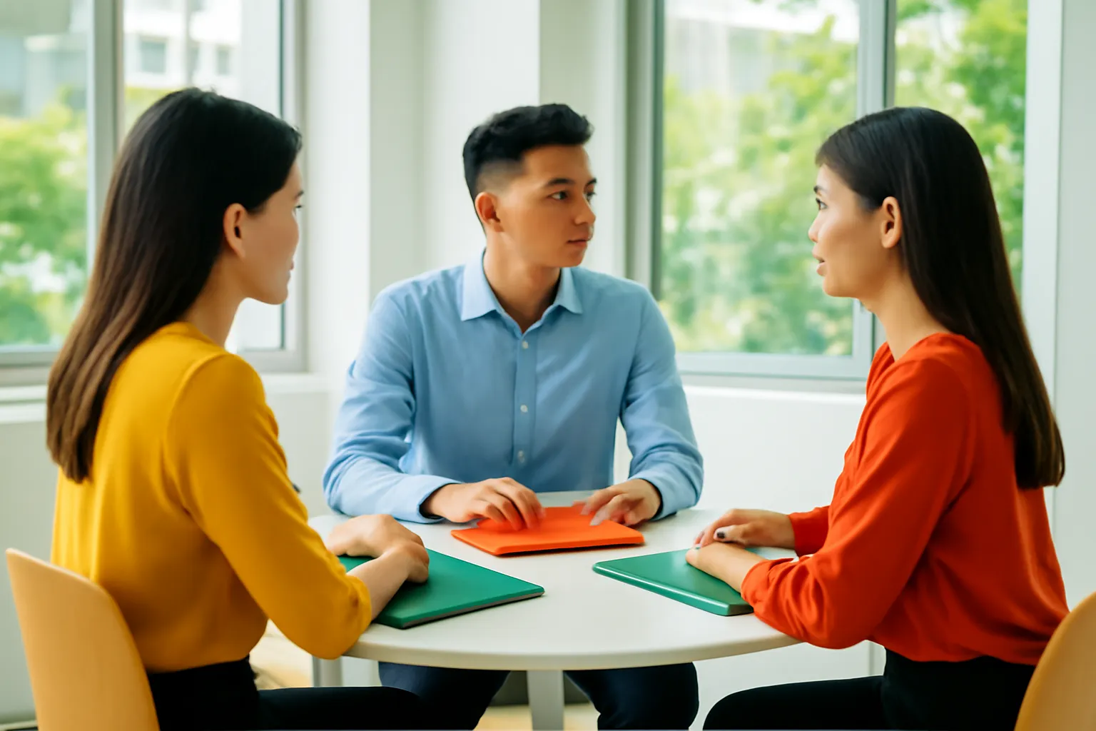 Ba người ngồi quanh bàn tròn trong phòng giao dịch sáng, chỉ thấy vai và tay