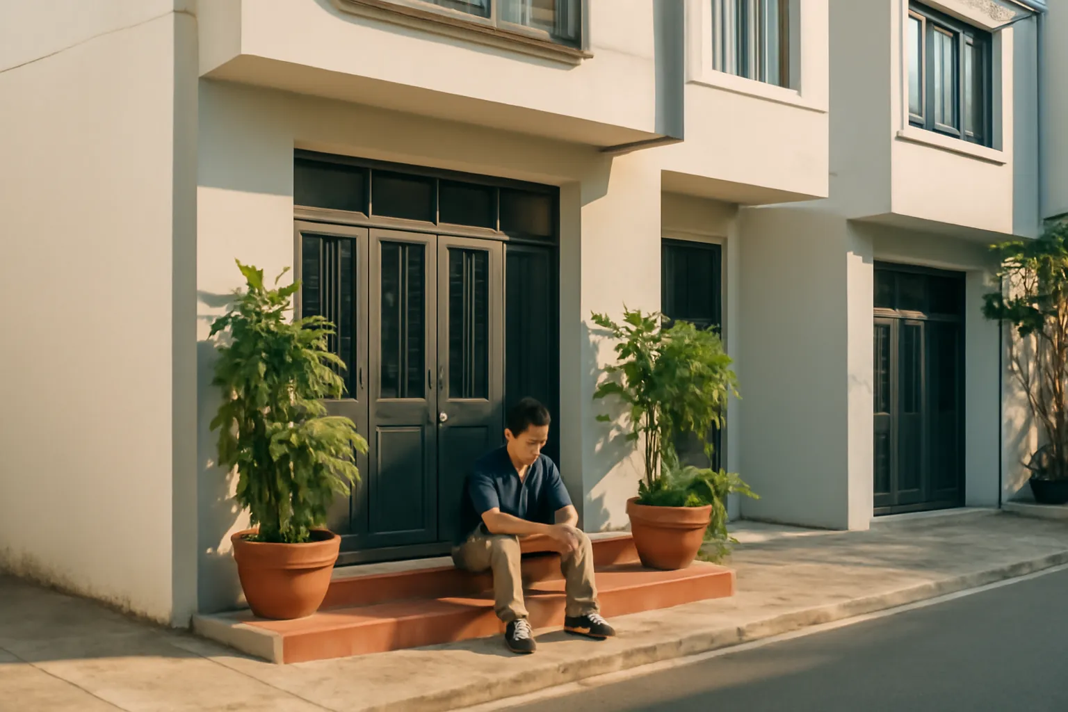 Người đàn ông ngồi một mình trên bậc thềm nhà phố, nhìn từ xa