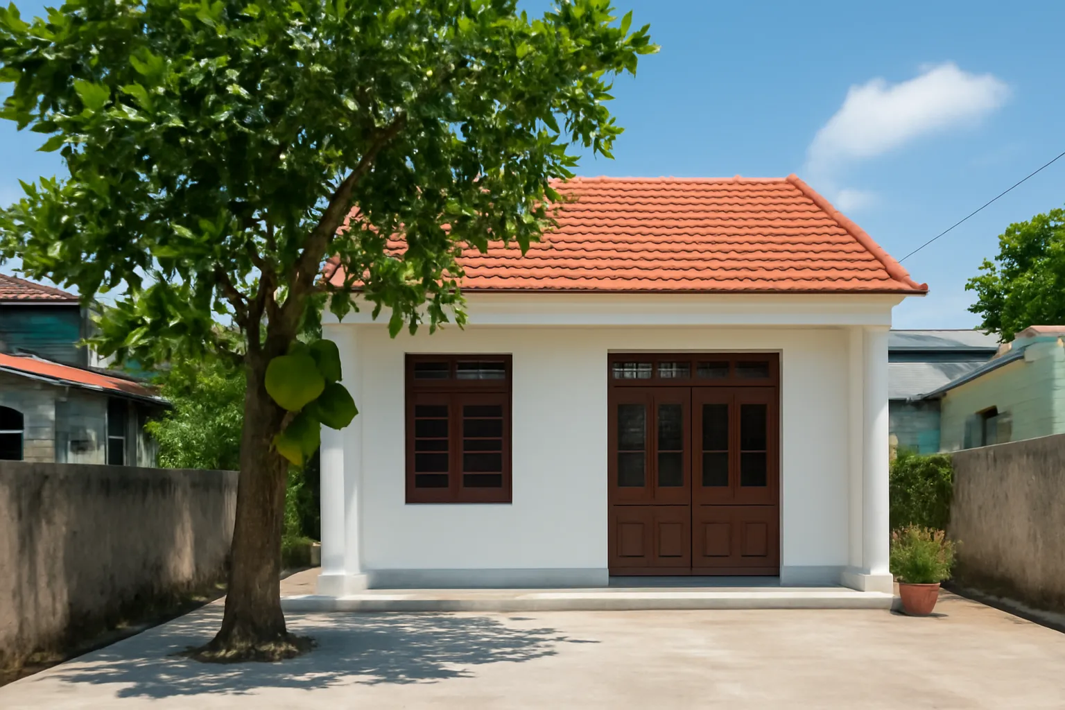 Căn nhà cấp bốn mái ngói đỏ trong xóm ven đô, sân xi măng và cây mít