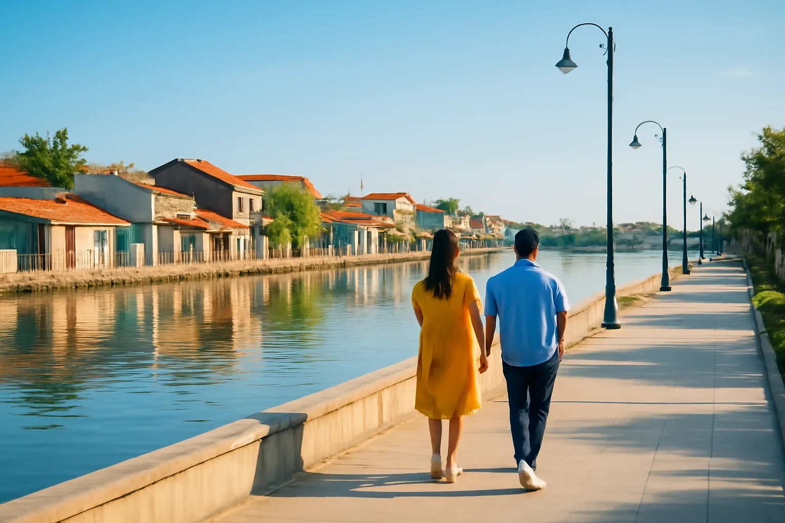 Cặp vợ chồng đi dạo dọc bờ kè sông ở thị trấn buổi sáng