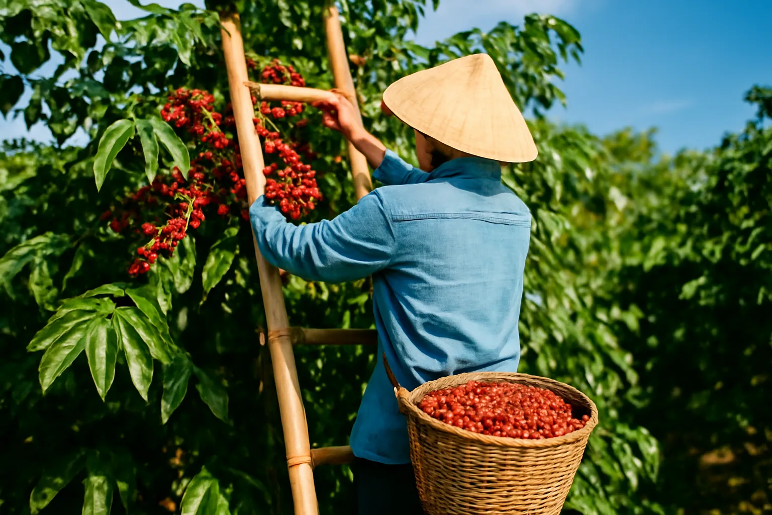 Người làm vườn đứng trên thang tre hái trái cà phê chín đỏ