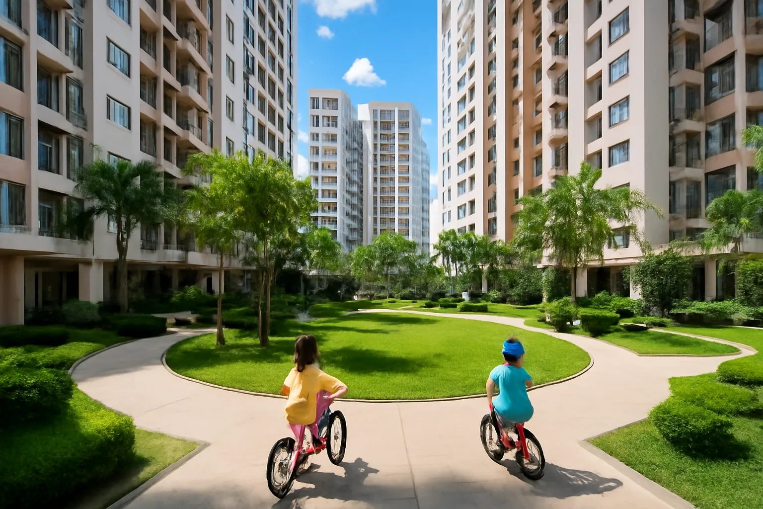 Hai đứa trẻ đạp xe trong sân nội khu chung cư nhiều cây xanh