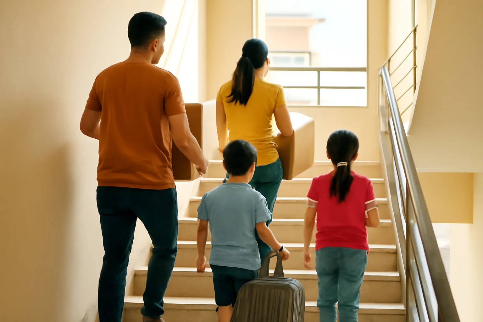 Gia đình kéo vali và thùng carton lên cầu thang chung cư thuê buổi chiều