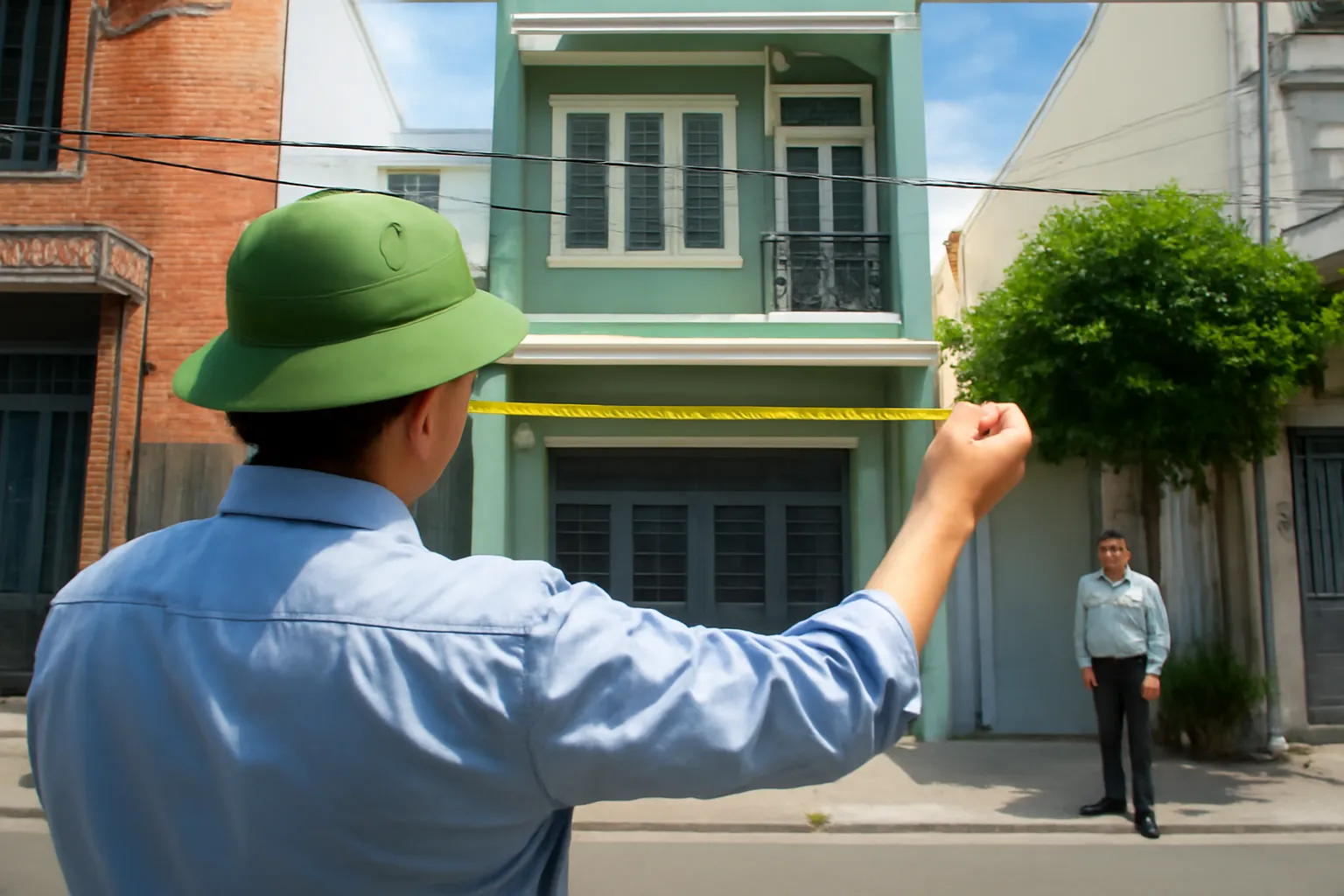 Người thẩm định cầm thước dây đo mặt tiền nhà phố, nhìn từ phía sau