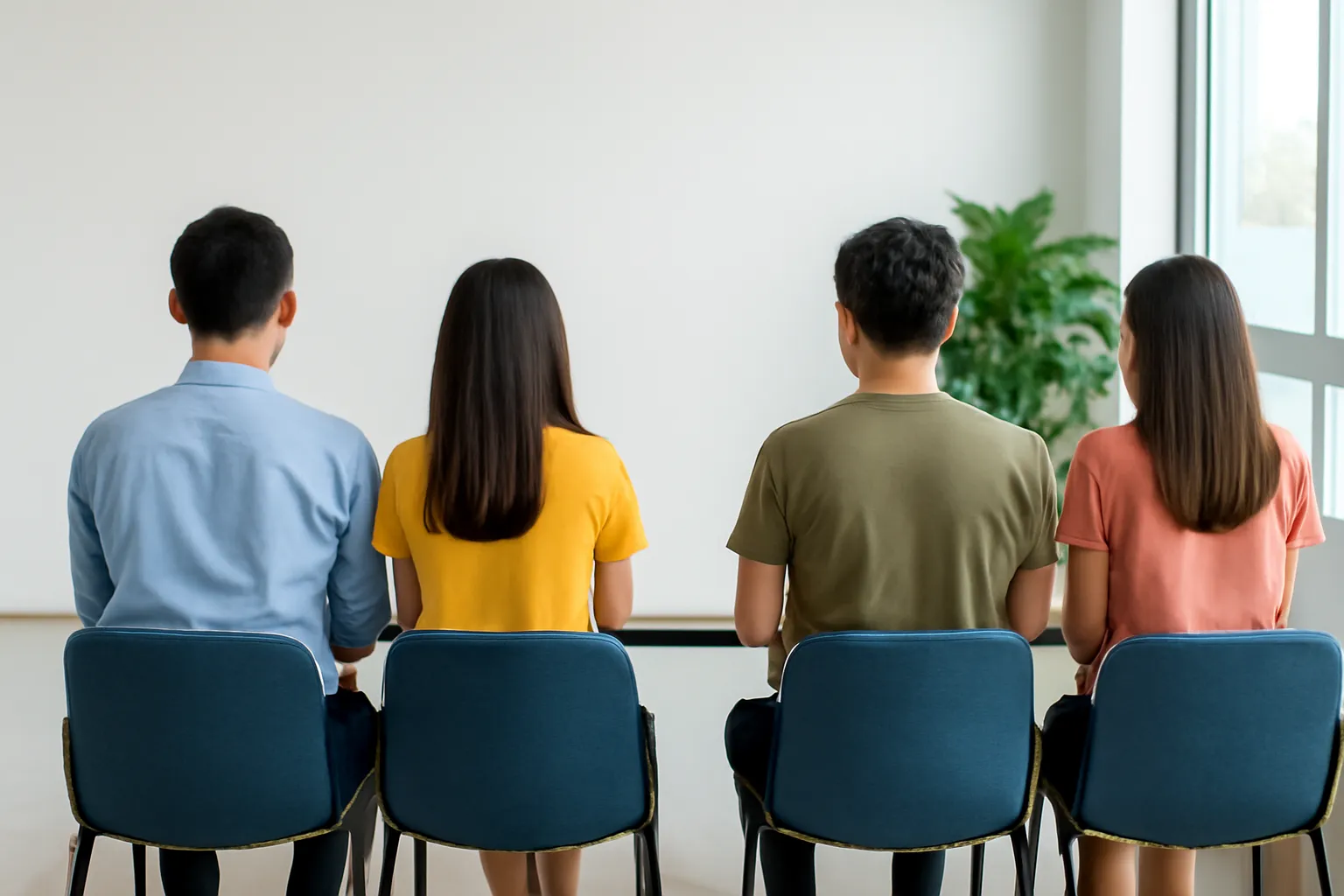 Hai cặp người ngồi hai bên bàn dài trong phòng chờ văn phòng sáng sủa