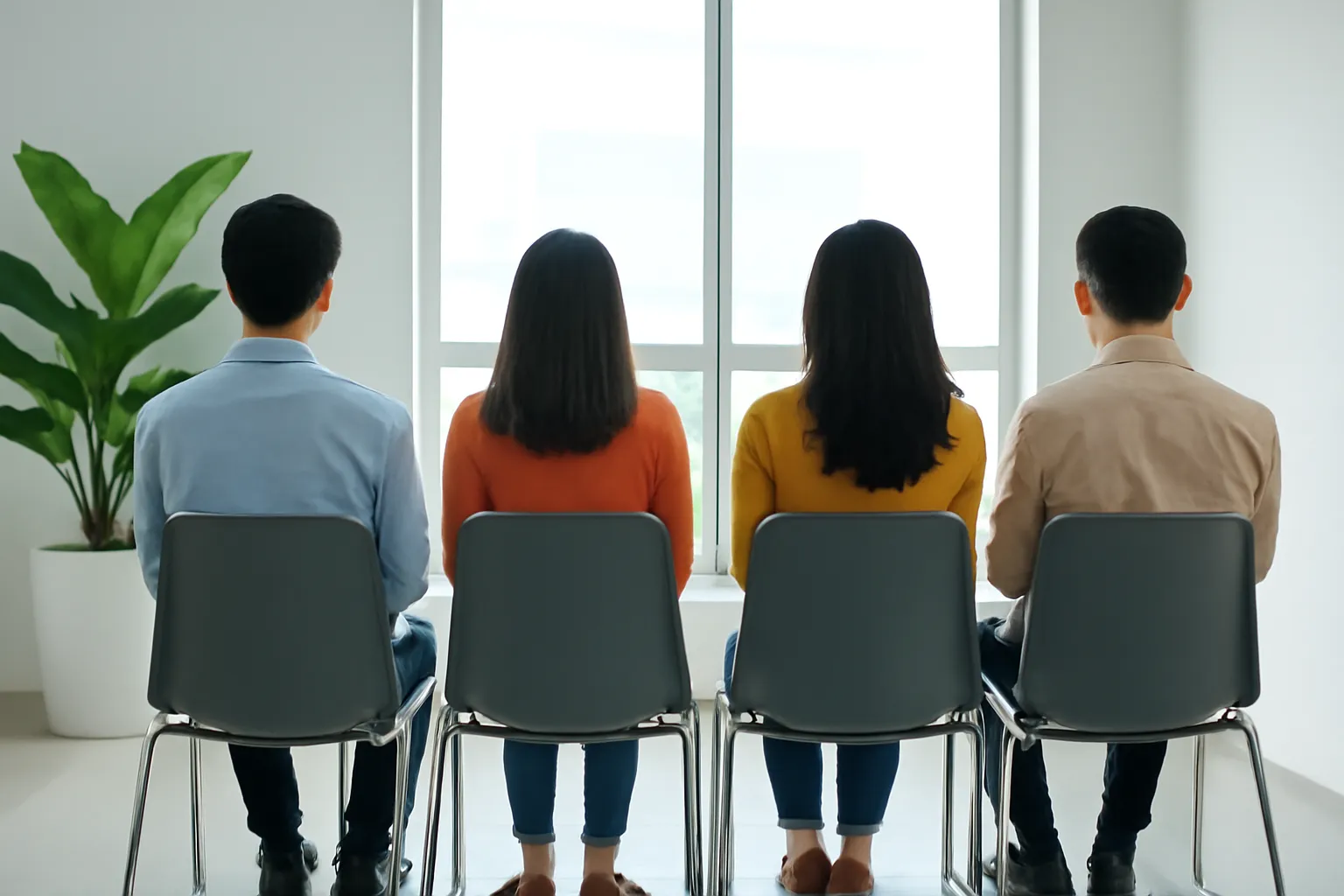Bốn người ngồi hàng ghế chờ ở sảnh văn phòng sáng sủa, nhìn từ phía sau
