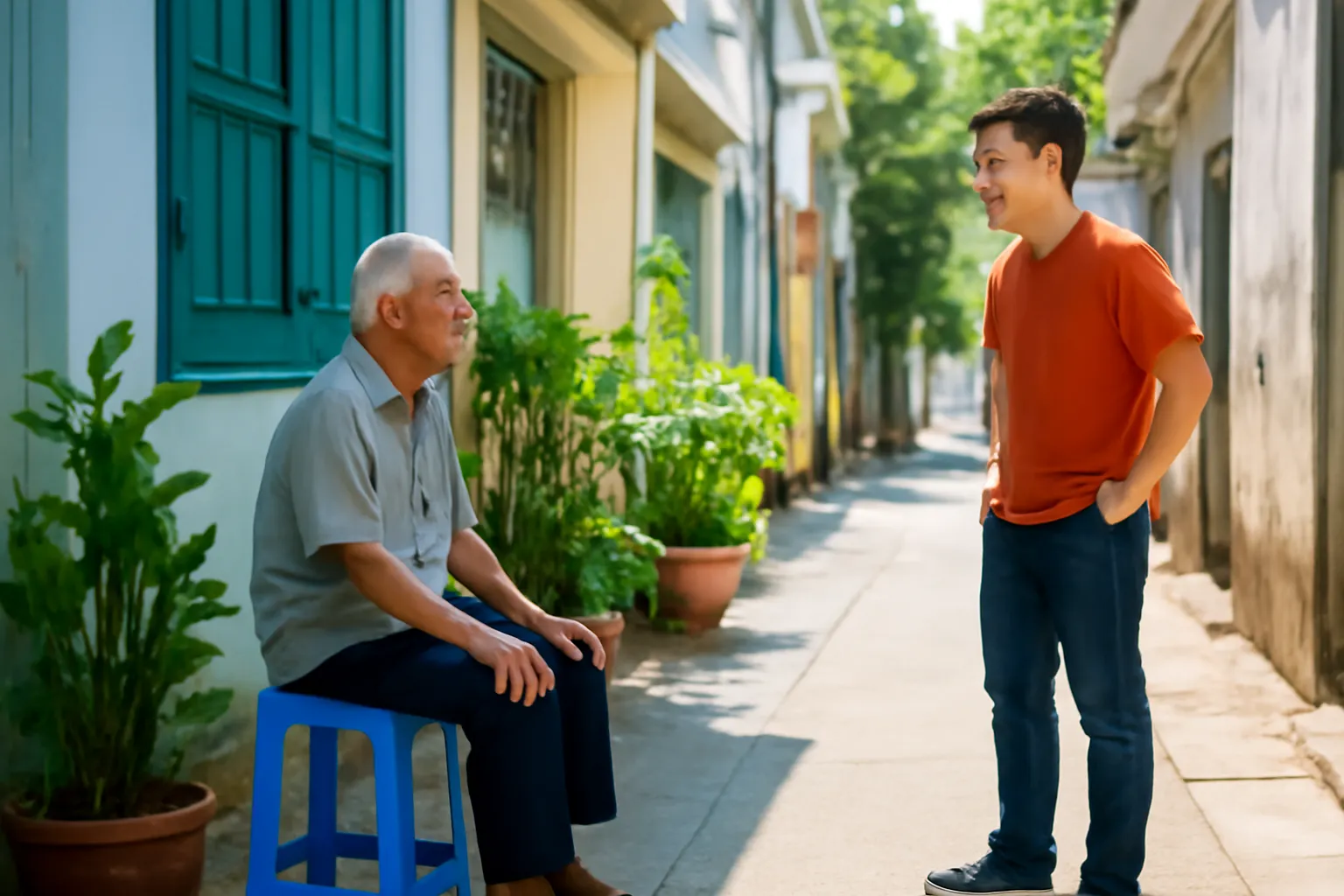 Cụ ông ngồi ghế nhựa trước hiên nhà trong hẻm, người mua đứng hỏi chuyện