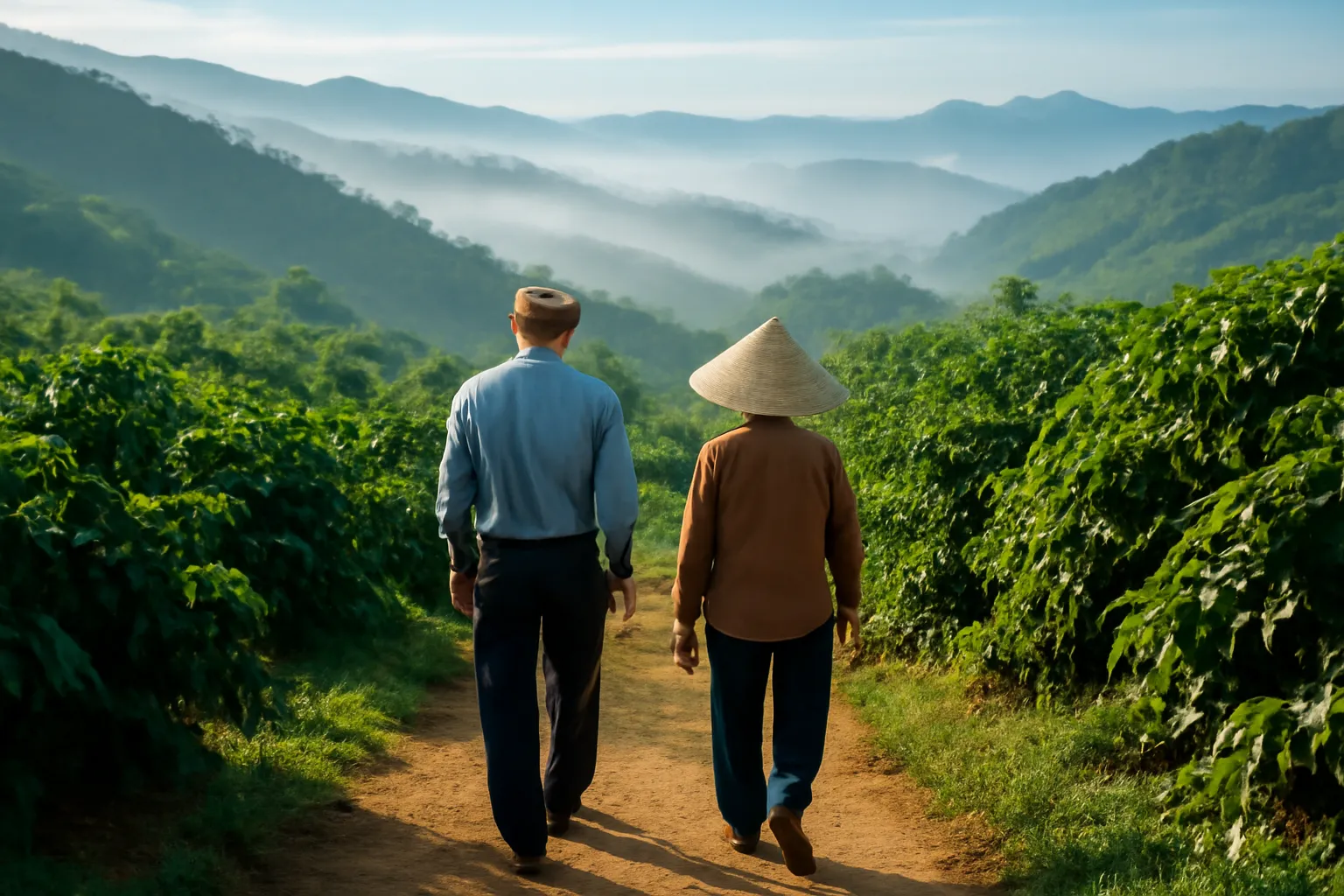 Hai người lớn tuổi đi trên lối mòn giữa vườn cà phê xanh, đồi xa