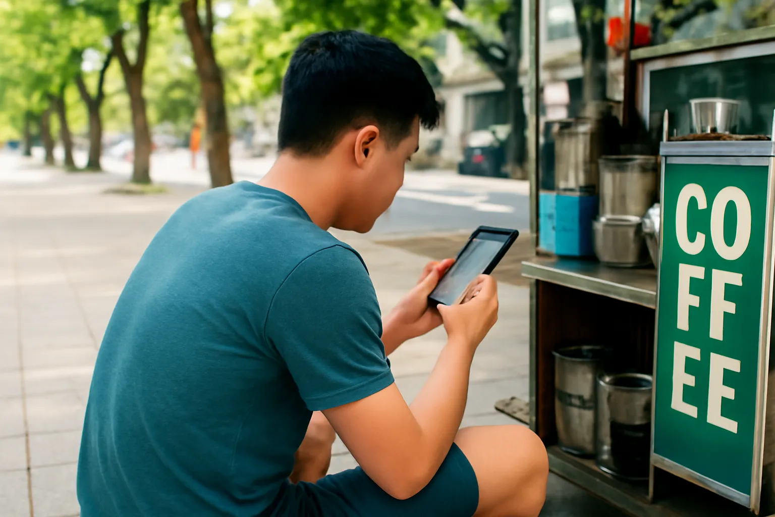 Người thanh niên ngồi quán cà phê vỉa hè nhìn điện thoại, chụp từ sau vai