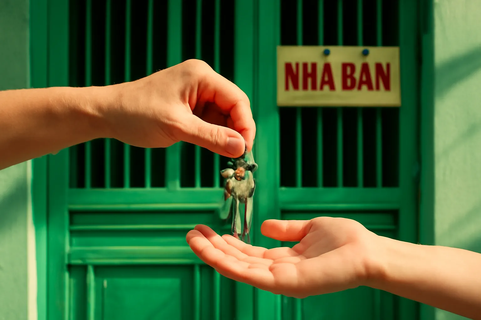 Bàn tay trao chùm chìa khoá trước cổng sắt sơn xanh của nhà phố
