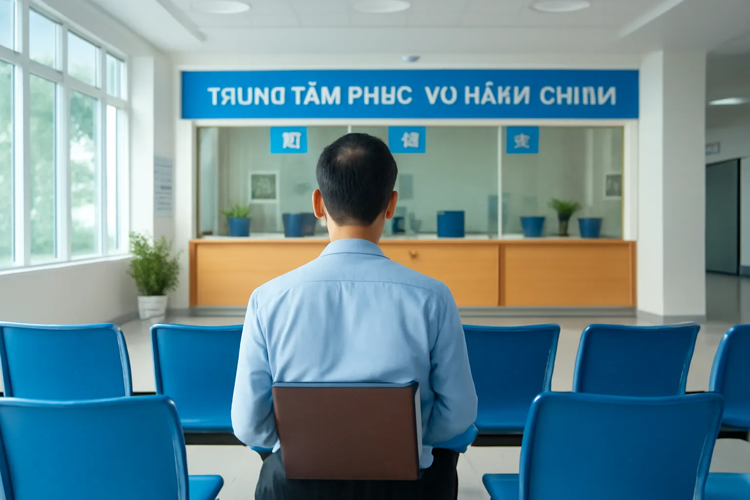 Người đàn ông ngồi hàng ghế chờ ở sảnh cơ quan hành chính sáng sủa