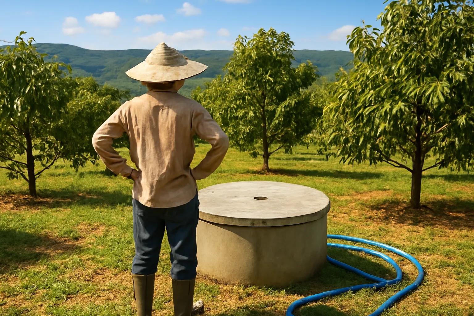 Người nông dân đứng cạnh giếng đào nắp tròn giữa vườn sầu riêng non