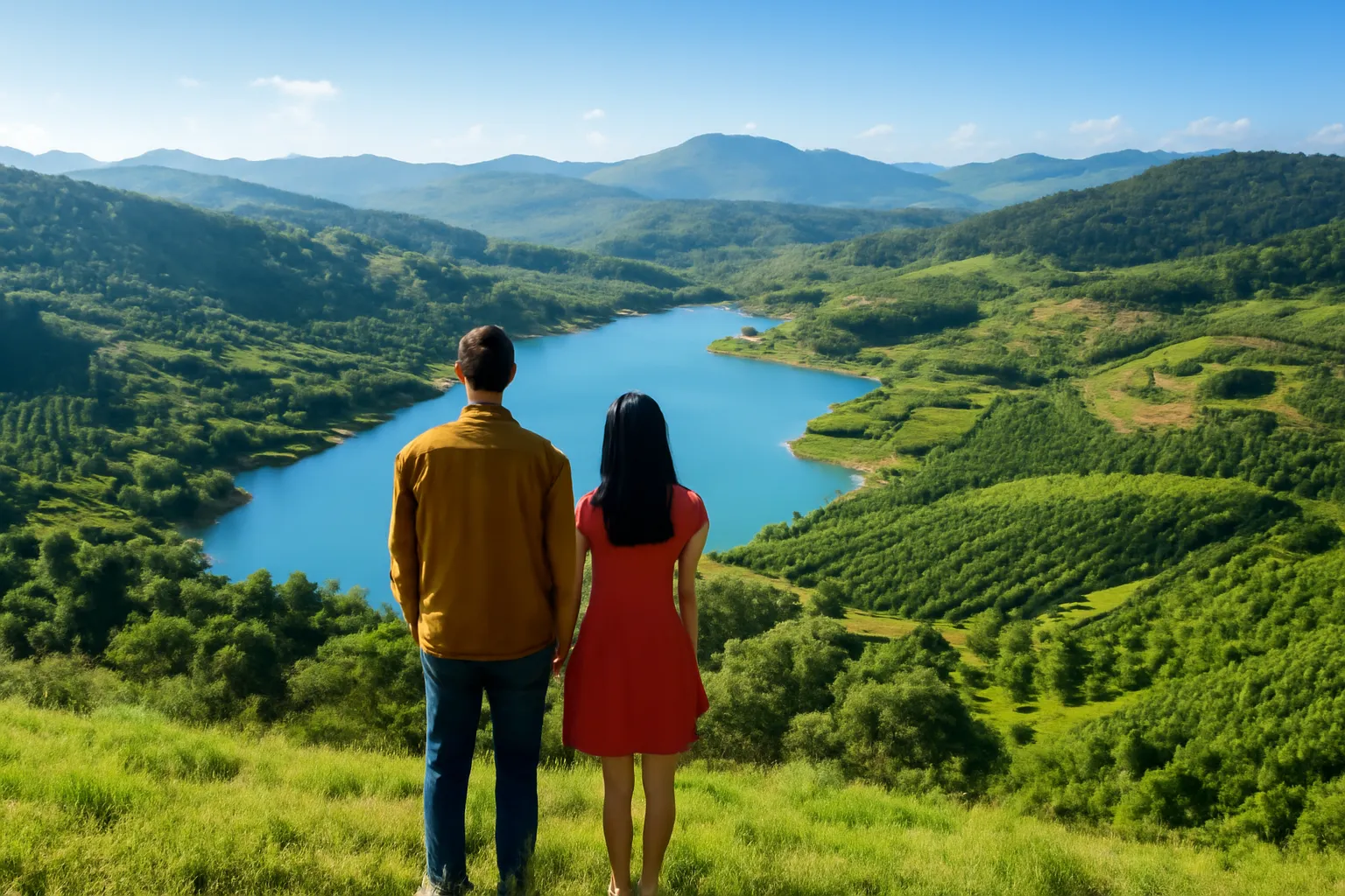 Cặp đôi đứng ở mép đồi nhìn xuống thung lũng có hồ nước xanh