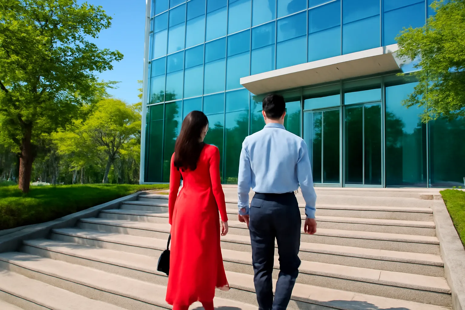 Cặp vợ chồng nhìn từ phía sau bước lên bậc thềm tòa nhà kính