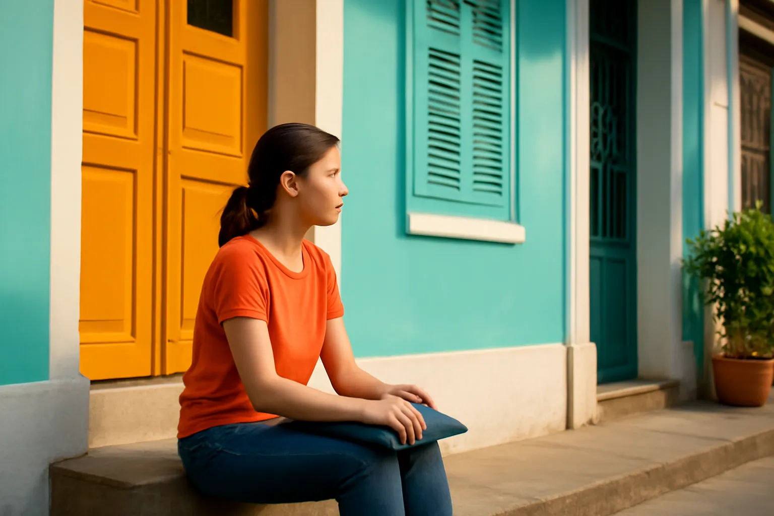 Người phụ nữ ngồi bậc thềm nhà phố ôm kẹp hồ sơ dưới nắng chiều nhẹ
