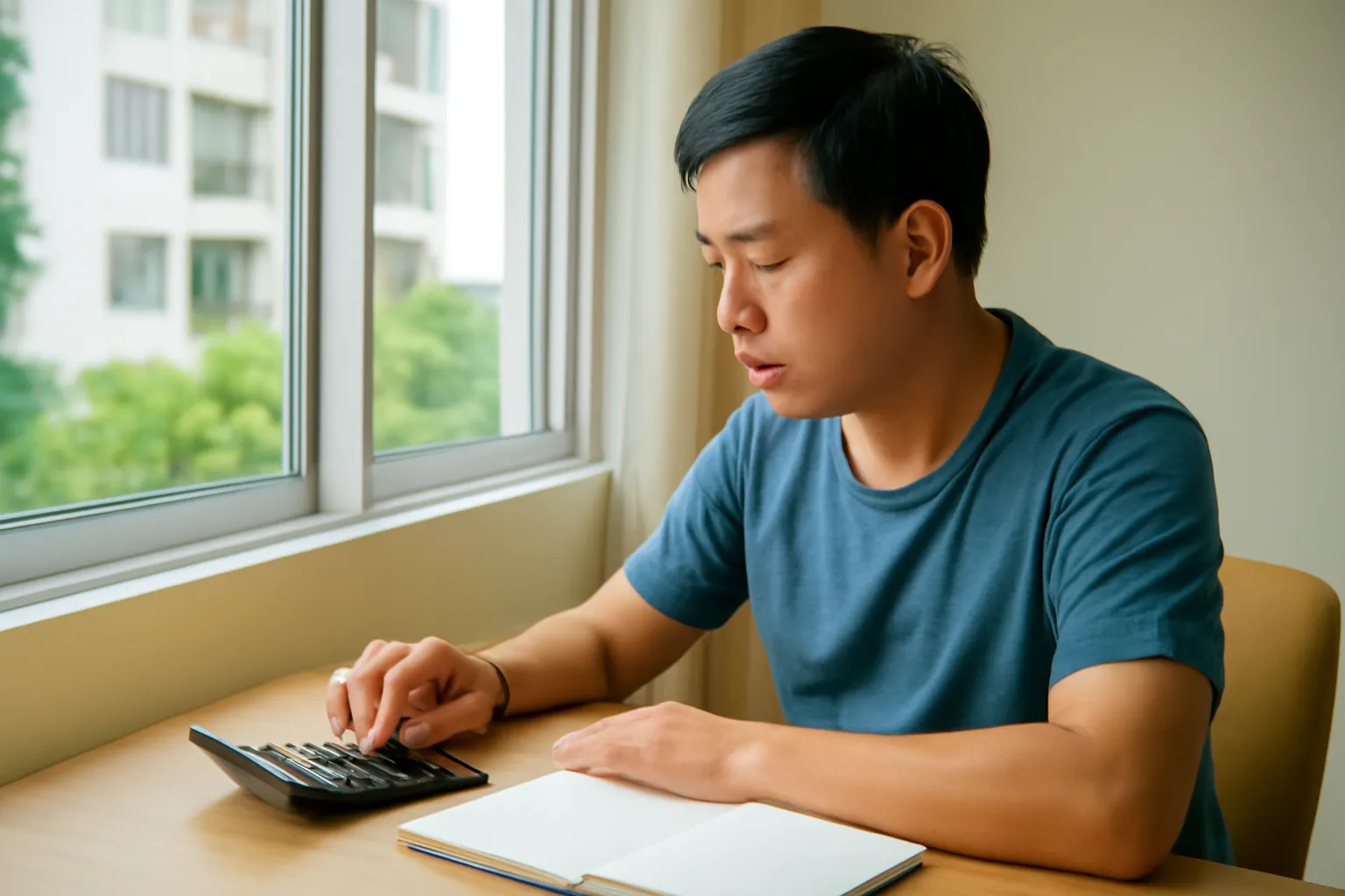 Người đàn ông ngồi cạnh cửa sổ căn hộ bấm máy tính cầm tay