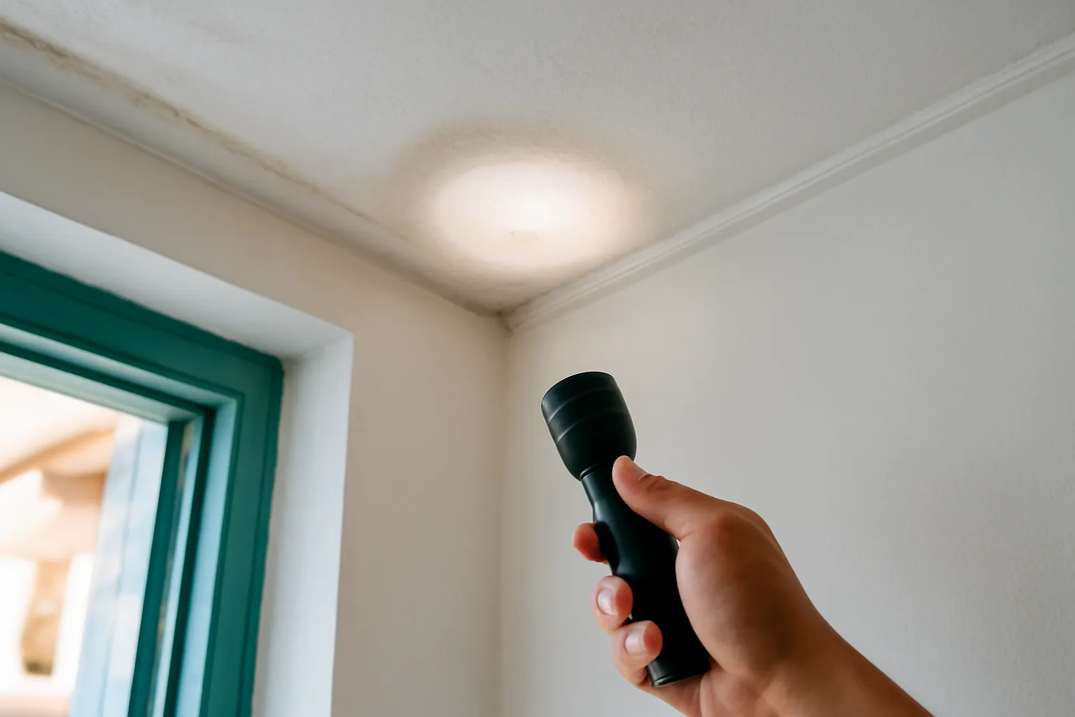 Tay cầm đèn pin soi vệt ố nhạt ở góc trần thạch cao trong nhà phố cũ