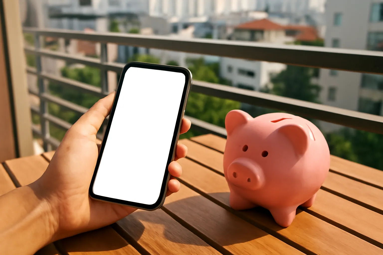 Tay người chuyển khoản trên điện thoại cạnh heo đất gốm ở ban công căn hộ